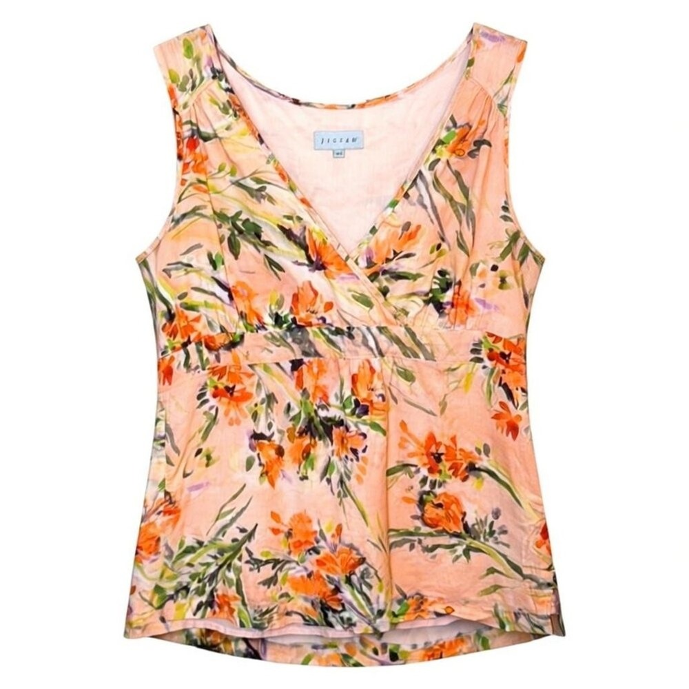 Jigsaw Womens Peach Orange Floral Cotton Sleeveless V-Neck Empire Waist Top 12